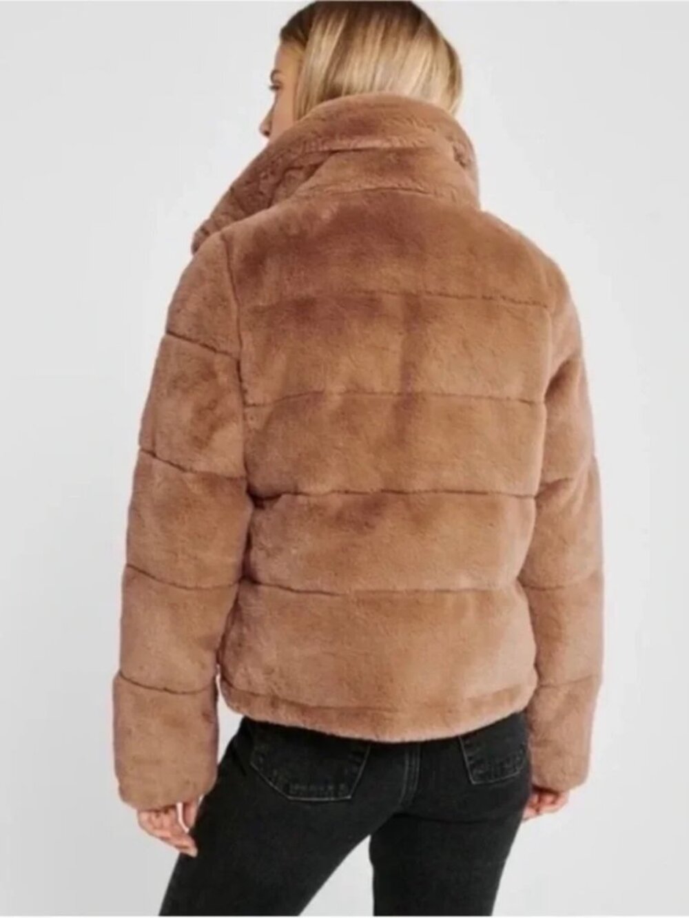 Abercrombie Womens Mini Faux-Fur Puffer Jacket in Brown Sz L - Picture 3 of 4